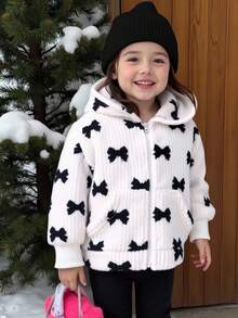 Elladie kids 女童可爱黑色蝴蝶结条纹毛绒时尚舒适秋冬连帽长袖外套，儿童舒适百搭开衫 - 米色 - 查看 1