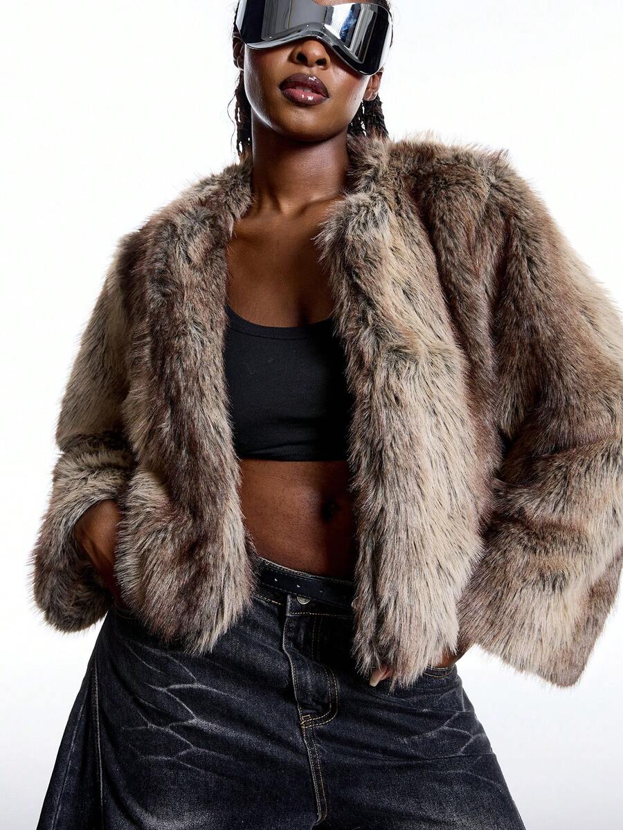 LYSMO Áo khoác lông giả tay dài hở phía trước màu trơn cỡ lớn thời trang thu đông cho nữ - Nhiều màu - Xem 1