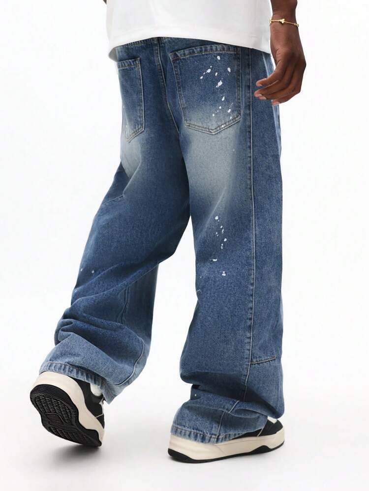 Distressed Wide Leg Jeans With Paint Splatter