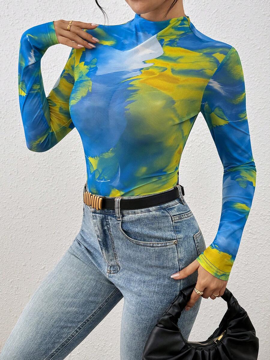 Allurite Women's Sexy Full Print Funnel Neck Fitted Sheer Blouse, Spring/Summer/Autumn - Mint Blue - View 1
