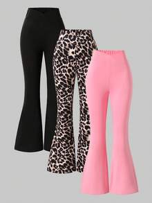 SHEIN 3pcs Girls Leopard Print Minimalist Black Skinny Flare Pants, Versatile Casual Wear For Spring, Summer And Autumn