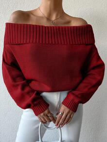 EURMUSE Women's Solid Color Off-Shoulder Loose Casual Long Sleeve Pullover Sweater - Red - View 5