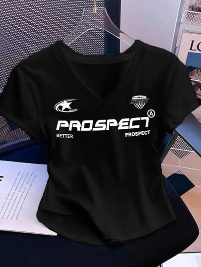 Attitoon 休闲简约 Y2K 英文字母徽标印花 V 领短袖修身褶皱 T 恤女士，夏季舒适