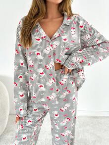 2Pcs Cotton Collar Detail Printed PJ Set - Multicolor - View 5