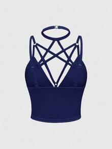 ROMWE Goth Camiseta ajustada de mujer de verano de unicolor y con tirantes cruzados sexy - Azul - Ver 2