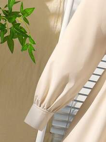 SHEIN 2 件套青少年女孩套装，翻领无袖夹克背心 + 翻领长袖开衫衬衫连衣裙，秋季休闲通勤连衣裙 - 杏色 - 查看 4