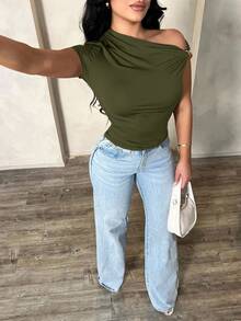 SHEIN SXY 女式性感优雅简约不对称单肩露肩上衣，夏季休闲百搭衬衫 - 軍綠色 - 查看 3