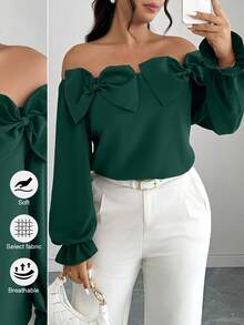 Elenzga Plus Size Solid Color Bow Decor Elegant Long Sleeve Shirt Fall - Dark Green - View 1