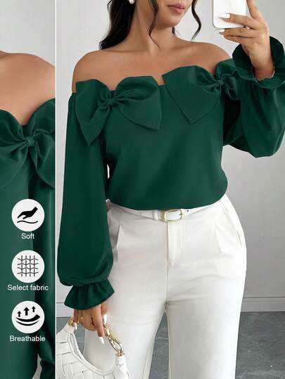 Elenzga Camisa elegante de manga larga con lazo decorativo en talla grande y unicolor