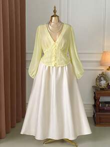 Rometta Plus Size Women's Autumn/Winter French Elegant Lace Patchwork 3D Floral Luxurious Slimming Blouse, Suitable For Graduation, Holidays, Valentine's Day, Christmas, Music Festivals, Mother's Day, Halloween, Thanksgiving, Easter, National Day, Balls, Dates, Parties, Weddings, Outings - Yellow - View 8