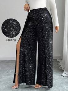 Elenzga Pantalon droit à fente haute et feuille métallique pour femmes grandes tailles, convient pour le quotidien, les fêtes, les concerts et les festivals de musique - Noir - Voir 1