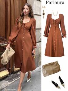 Chiquease Vestido de manga larga con abertura frontal de unicolor y estilo francés minimalista para mujer - Café - Ver 1