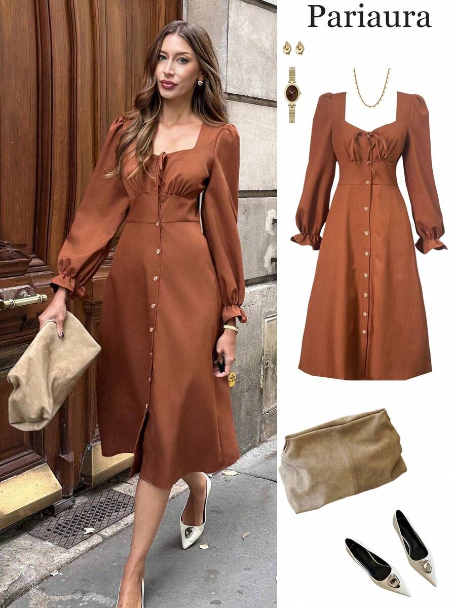 Chiquease Vestido de manga larga con abertura frontal de unicolor y estilo francés minimalista para mujer - Café - Ver 1