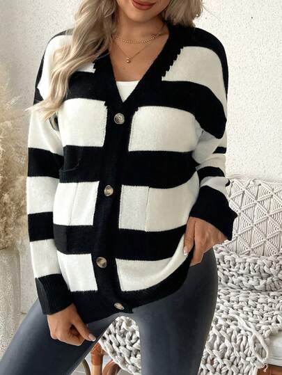 SHEIN Mutterschafts-Lässig-Alltagskontrast-Farbstreifen-Knopfkardigan, Herbst/Winter