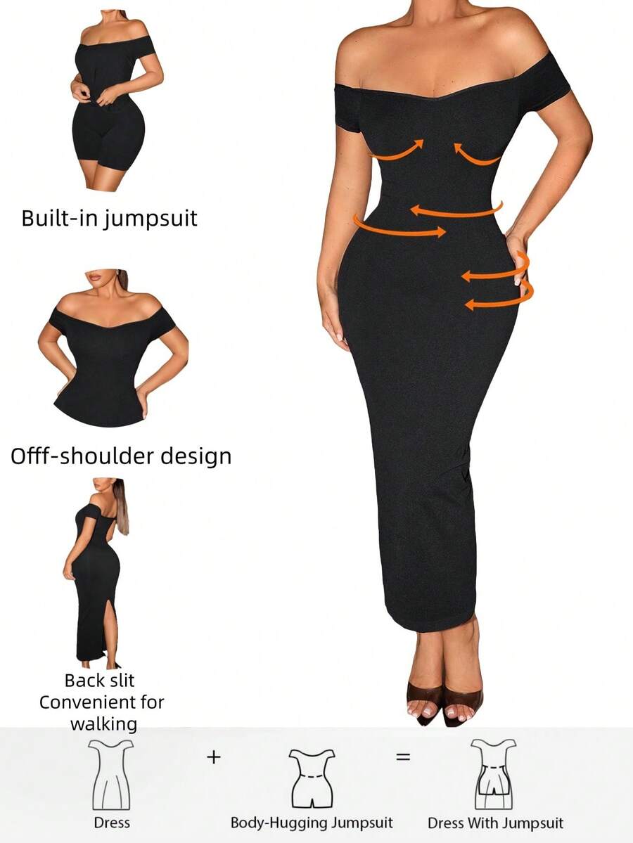 Sirith Seamless Knit Off Shoulder Backless Slit Dress With Built-In Shapewear Dress - Black - View 1
