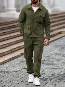 Manfinity Homme 男士纯色长袖单排扣工装口袋衬衫和裤子休闲西装秋季服装 - 軍綠色 - 查看 5