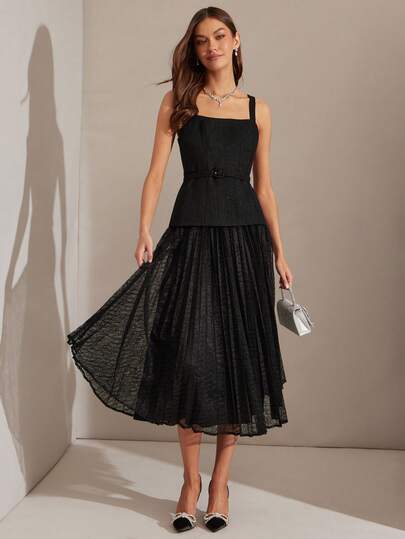 Enchnt Romantic Autumn/Winter Women's Black Tweed Lace-Trimmed Pleated Dress Features A Belt And Is Stylish And Elegant. Perfect For Parties, Dates, Holidays, Graduations, The Office, Outings, Halloween, And Christmas. (Autumn Women's Wear, Autumn Outfits, Autumn Suits, Carnival, New Year's Women's Wear)