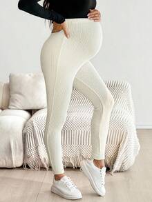 SHEIN Maternity Casual Solid Color Textured Leggings  Winter Clothes For Women  White Pants  White - Beige - View 4