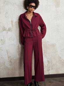 SHEIN LUNE 全新女式纯色翻领系带夹克套装 - 酒紅色 - 查看 6