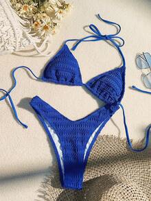 Summer Beach Solid Halter Triangle Bikini Set - Royal Blue - View 5