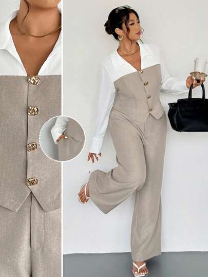 Firerie Plus Size Apricot Imitation Linen Patchwork Shirt And Loose Straight Suit Pants Two Pieces Set, Casual And Elegant, Suitable For Commuting, Teaching, Back To School, Business Casual Office Wear Pants Suit For Women 2 Piece Set Woman Business Casual Women Set Elegant 2 Piece Set Office Outfits For Women Set Business Casual Woman Set 2 Piece Set Women Classy