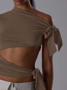 MUSERA Áo thun jersey lệch vai, buộc dây bên hông, khoét sâu, kiểu dáng rủ, sang trọng, thích hợp cho buổi tối đi chơi, mùa thu, gợi cảm, dễ thương, cá tính, phong cách đường phố, bình minh, ngày lễ, tiệc tùng, mùa xuân, hè. - Màu nâu Sô-cô-la - Xem 2