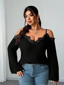 Elenzga Áo len nữ thanh lịch, cổ điển, gợi cảm, thích hợp cho ngày Valentine, tiệc tùng, du lịch, trễ vai, phối ren, tay loe, dáng ôm, cỡ lớn, phong cách Gothic Y2K, viền ren, tay dài, áo croptop, xuân hè thu. - màu đen - Xem 4