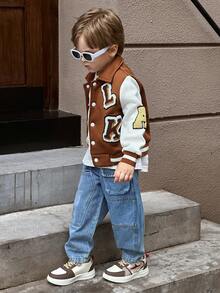 SHEIN 1pc Young Boy Streetwear Casual Jacket, With Stand Collar, White Sleeve Contrast Brown Body, Flocked Patch Decor, Rib Cuff & Hem,  Warm, Suitable For Daily Wear, Sports, School, Travel - Brown - View 4