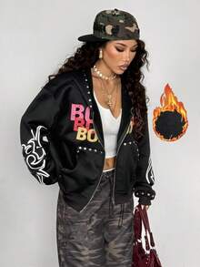 StreetHx 街头服饰女式哥特朋克摇滚彩色图案印花长袖连帽夹克，秋冬 - 黑色 - 查看 4