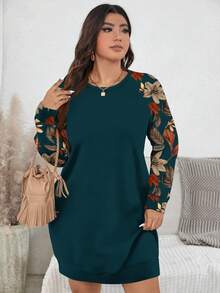 EMERY ROSE Casual Minimalist Navy Blue Vintage Maple Leaf & Floral Print Plus Size Sweatshirt, Autumn/Winter - Multicolor - View 4