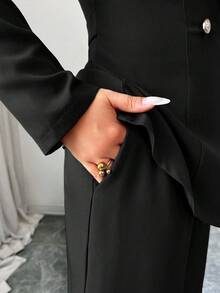 Elenzga petite 女士橄榄绿色厚面料 V 领翻领腰部扣设计西装外套和阔腿裤套装，教师/职业装，优雅精致，适合感恩节、万圣节、秋季，时尚百搭两件套西装 - 黑色 - 查看 5