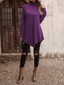 SHEIN LUNE Women's Casual Everyday Commute Minimalist Solid Color Turtleneck Long Sleeve Loose T-Shirt, Autumn/Winter - Red Violet - View 4