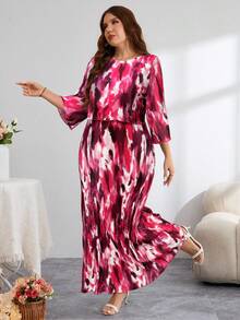 Reflora Plus Size Elegant All-Over Print Textured Fish Tail Hem Dress, Autumn - Burgundy - View 7