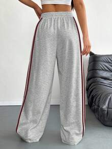 女式红色条纹数码印花松紧腰休闲裤 - 灰色 - 查看 2