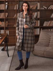 Louniche 女士秋冬休闲复古双色格子大衣，宽松中长百搭外套 - 棕色 - 查看 4