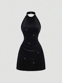 Sweetra 性感露背紧身迷你连衣裙，闪亮设计，时尚女士派对连衣裙，秋季 - 黑色 - 查看 1