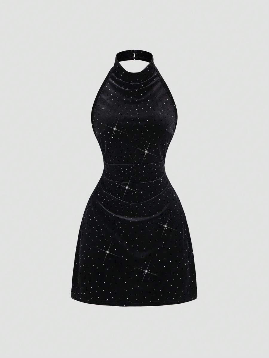 Sweetra 性感露背紧身迷你连衣裙，闪亮设计，时尚女士派对连衣裙，秋季 - 黑色 - 查看 1