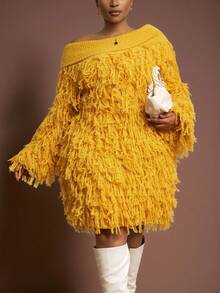 Slaydiva 秋冬新款优雅派对/约会/休闲外出/晚宴/返校季修身纯色姜黄色斜肩长袖流苏针织连衣裙，加大码迷你毛衣裙，新年服装，新年连衣裙 - A - 黃色 - 查看 1