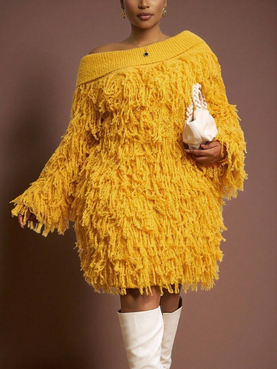 Slaydiva 秋冬新款优雅派对/约会/休闲外出/晚宴/返校季修身纯色姜黄色斜肩长袖流苏针织连衣裙，加大码迷你毛衣裙，新年服装，新年连衣裙 - A - 黃色 - 查看 1