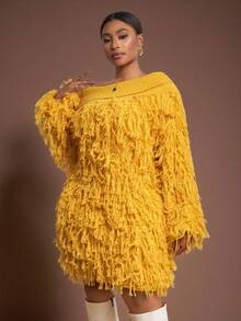 Slaydiva 秋冬新款优雅派对/约会/休闲外出/晚宴/返校季修身纯色姜黄色斜肩长袖流苏针织连衣裙，加大码迷你毛衣裙，新年服装，新年连衣裙 - A - 黃色 - 查看 7