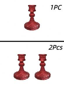1个/2个红色玻璃菱形图案烛台底座，家居装饰中心摆件，玻璃烛台支架，锥形和柱形蜡烛支架，适用于餐桌、客厅、婚礼、礼品、桌面装饰、婚宴派对 - 紅色 - 查看 3