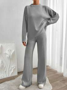 EURMUSE Women Solid Color Rib Knit Sweater & Sweater Pants Set - Grey - View 4