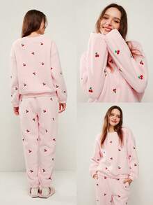 LUVLETTE 冬季基础款柔软保暖女式圆领套头衫长袖长裤睡衣家居服两件套粉色樱桃图案圣诞节新年睡衣款式 2025 - 粉色 - 查看 2