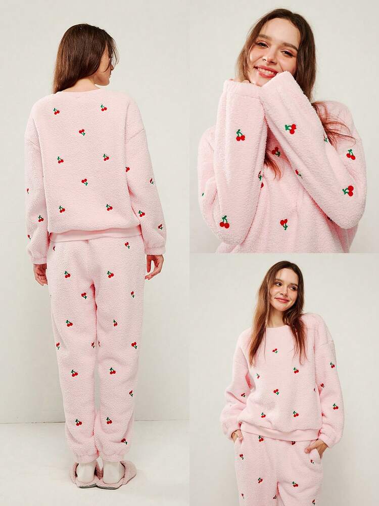 2025年 冬の基本アイテム ソフトで暖かい レディース クルーネック プルオーバー 長袖 ズボン パジャマ ルームウェア ピンクチェリー 2ピースセット クリスマス & 新年 パジャマスタイル