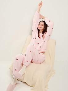 LUVLETTE 冬季基础款柔软保暖女式圆领套头衫长袖长裤睡衣家居服两件套粉色樱桃图案圣诞节新年睡衣款式 2025 - 粉色 - 查看 8