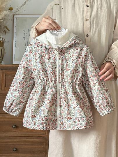 SHEIN Vintaside Kids Young Girls Cute Printed Thermal Lined Zip-Up Jacket, Autumn/Winter