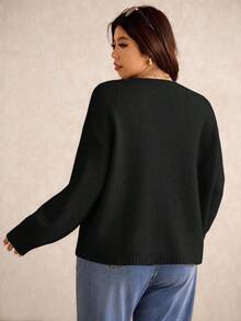 Elaquor Plus Size Minimalist Casual Solid Color Metal Button Decor Knit Cardigan, Autumn/Winter - Black - View 2