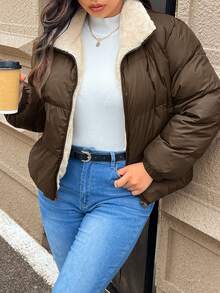 SHEIN Frenchy 大码女式棉质短外套 - 咖啡棕 - 查看 5