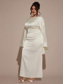 SHEIN BAE Apricot-farbenes Kleid in Große Größen mit weiten Ärmeln und offenem Rücken, elegantes Kleid - Aprikosenfarben - Übersicht 5