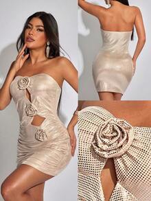 CHARMVALE Women's 3D Floral Embellished Short Party Dress - Khaki - View 1
